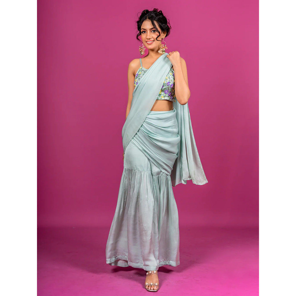Harleen Kaur Sky Blue Pre-Draped Saree with Stitched Blouse