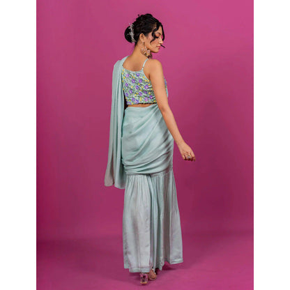 Harleen Kaur Sky Blue Pre-Draped Saree with Stitched Blouse