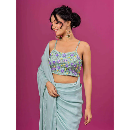 Harleen Kaur Sky Blue Pre-Draped Saree with Stitched Blouse