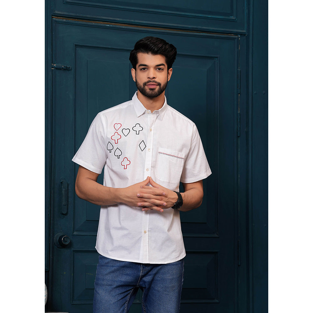 Hatheli Men White Embroidered Cotton Half Sleeves Casual Shirt