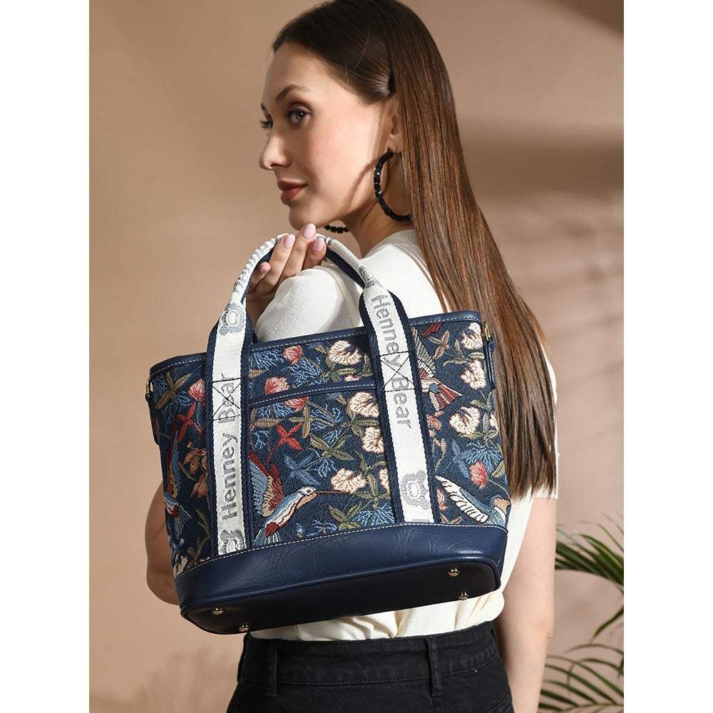 HENNEY BEAR Blue Hummingbird Top Handbag with Detachable Strap
