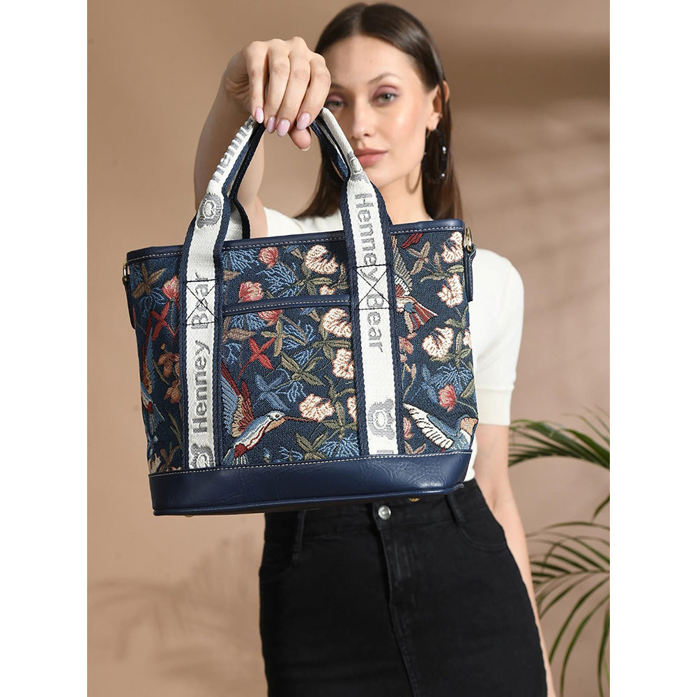 HENNEY BEAR Blue Hummingbird Top Handbag with Detachable Strap