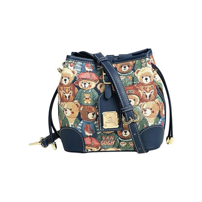 HENNEY BEAR Navy Blue Bear Bucket Bag with Detachable Strap
