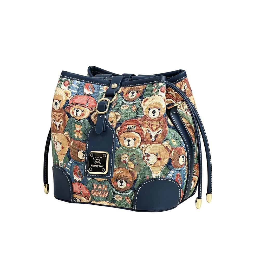 HENNEY BEAR Navy Blue Bear Bucket Bag with Detachable Strap