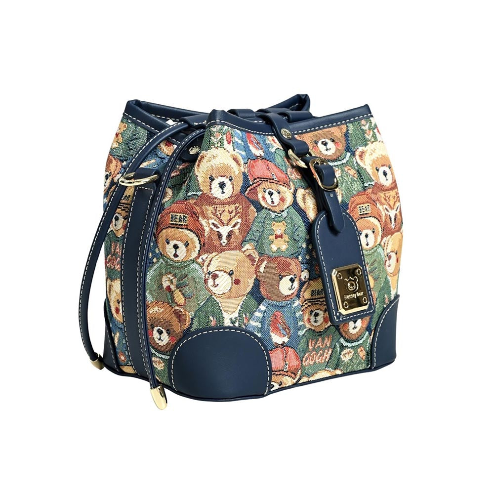 HENNEY BEAR Navy Blue Bear Bucket Bag with Detachable Strap