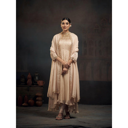 Hirika & Dhruti Up Down Beige Anarkali with Churidar and Dupatta (Set of 3)