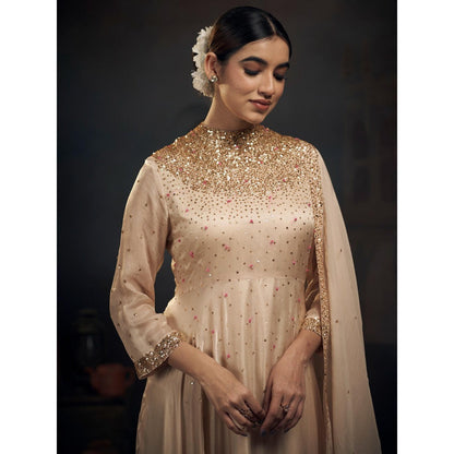 Hirika & Dhruti Up Down Beige Anarkali with Churidar and Dupatta (Set of 3)