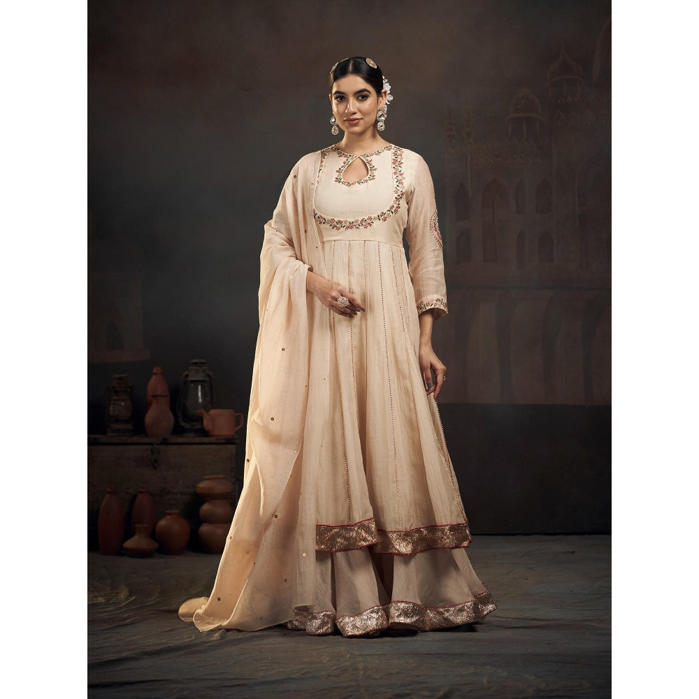 Hirika & Dhruti Beige Chanderi Kalli Anarkali with Sharara and Dupatta (Set of 3)