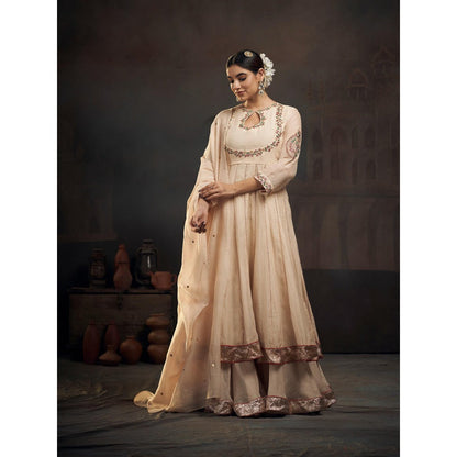 Hirika & Dhruti Beige Chanderi Kalli Anarkali with Sharara and Dupatta (Set of 3)