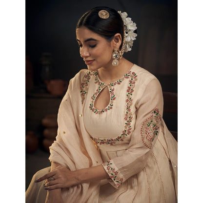 Hirika & Dhruti Beige Chanderi Kalli Anarkali with Sharara and Dupatta (Set of 3)