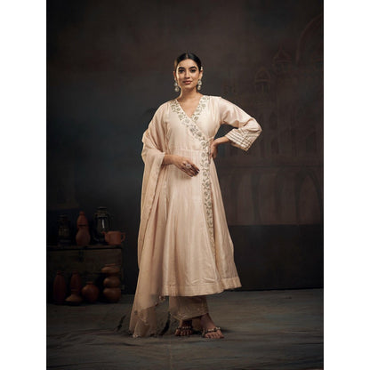 Hirika & Dhruti Beige Gotta Flower Angarkha with Pant and Dupatta (Set of 3)