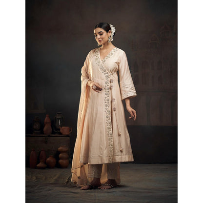 Hirika & Dhruti Beige Gotta Flower Angarkha with Pant and Dupatta (Set of 3)