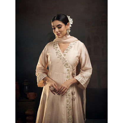 Hirika & Dhruti Beige Gotta Flower Angarkha with Pant and Dupatta (Set of 3)