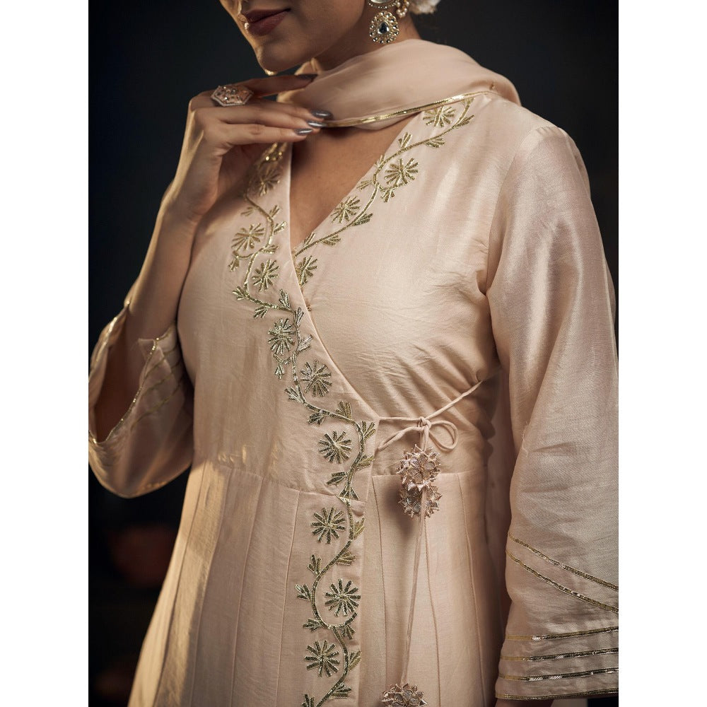 Hirika & Dhruti Beige Gotta Flower Angarkha with Pant and Dupatta (Set of 3)