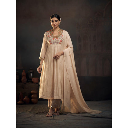 Hirika & Dhruti Beige Thread Flowers Embroidery Anarkali with Pant and Dupatta (Set of 3)