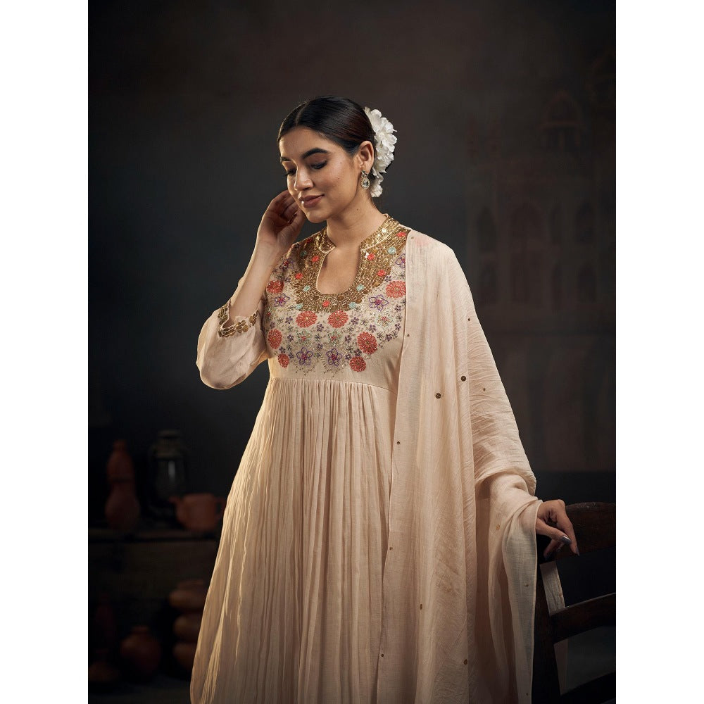 Hirika & Dhruti Beige Thread Flowers Embroidery Anarkali with Pant and Dupatta (Set of 3)