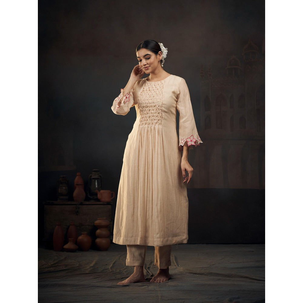 Hirika & Dhruti Beige Chanderi Anarkali with Pant (Set of 2)