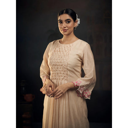 Hirika & Dhruti Beige Chanderi Anarkali with Pant (Set of 2)