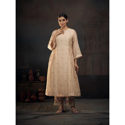 Hirika & Dhruti Beige Chanderi Knots Anarkali with Pant (Set of 2)