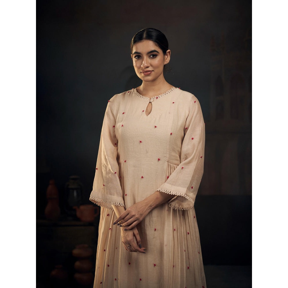 Hirika & Dhruti Beige Chanderi Knots Anarkali with Pant (Set of 2)