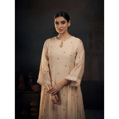 Hirika & Dhruti Beige Chanderi Knots Anarkali with Pant (Set of 2)