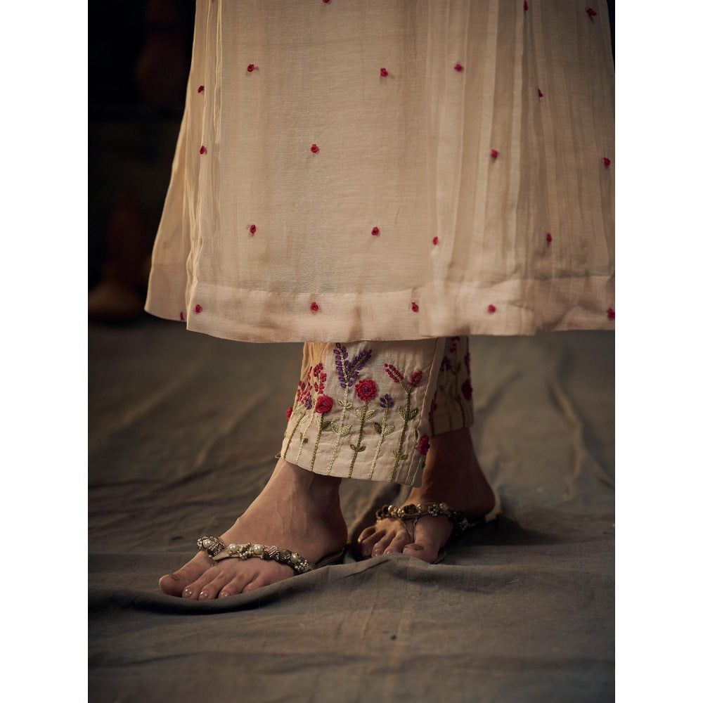 Hirika & Dhruti Beige Chanderi Knots Anarkali with Pant (Set of 2)