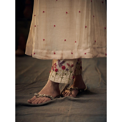 Hirika & Dhruti Beige Chanderi Knots Anarkali with Pant (Set of 2)