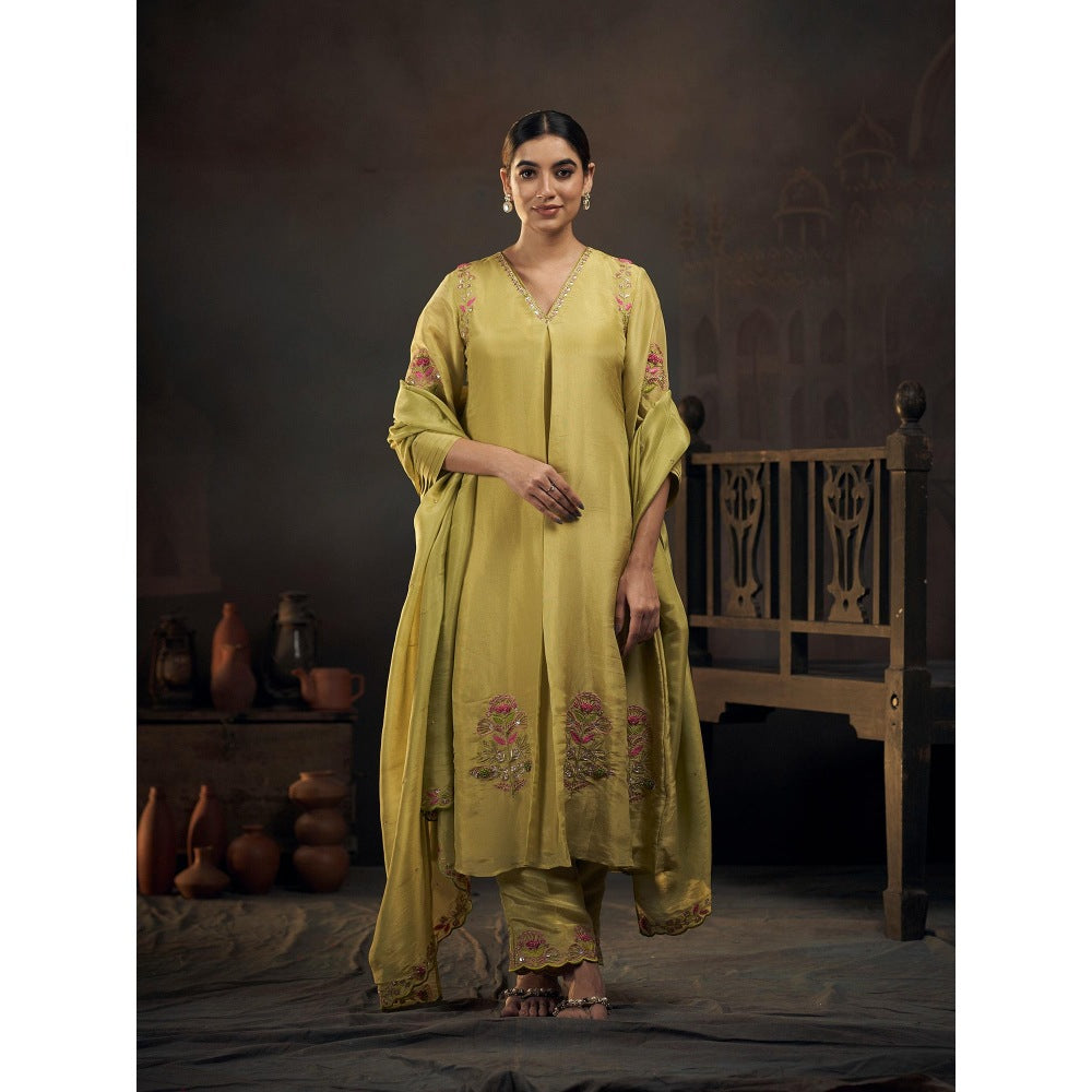 Hirika & Dhruti Lime Green Anarkali with Pant and Dupatta (Set of 3)