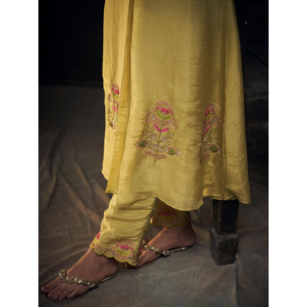 Hirika & Dhruti Lime Green Anarkali with Pant and Dupatta (Set of 3)