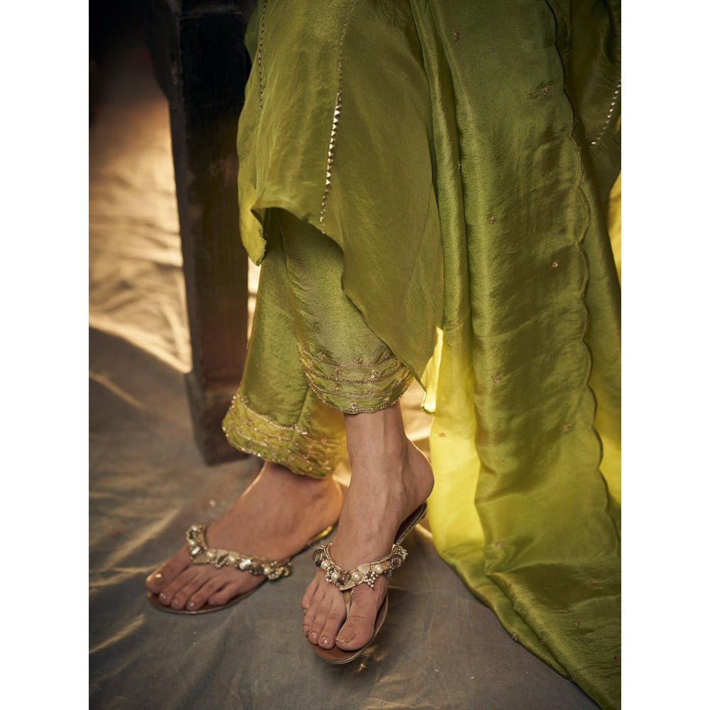 Hirika & Dhruti Green Zardozi Work Anarkali with Pant and Dupatta (Set of 3)