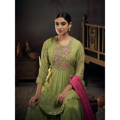 Hirika & Dhruti Green Chinnon Peplum Kurta with Sharara and Dupatta (Set of 3)