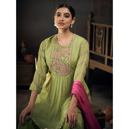 Hirika & Dhruti Green Chinnon Peplum Kurta with Sharara and Dupatta (Set of 3)
