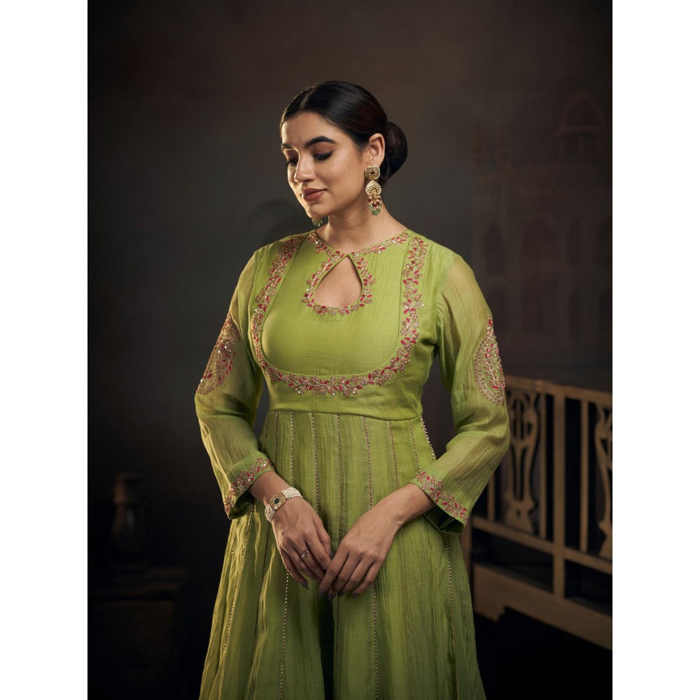 Hirika & Dhruti Green Chanderi Kalli Anarkali with Sharara and Dupatta (Set of 3)