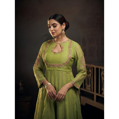 Hirika & Dhruti Green Chanderi Kalli Anarkali with Sharara and Dupatta (Set of 3)
