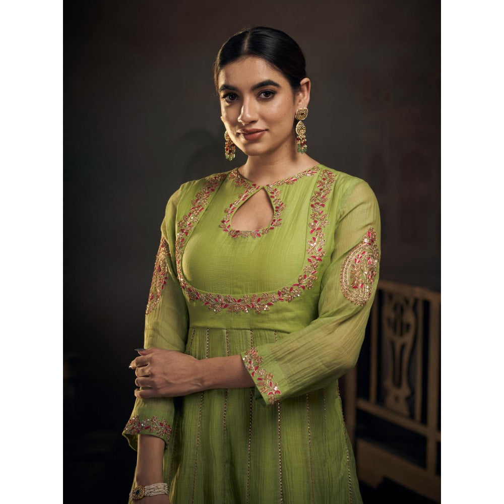 Hirika & Dhruti Green Chanderi Kalli Anarkali with Sharara and Dupatta (Set of 3)