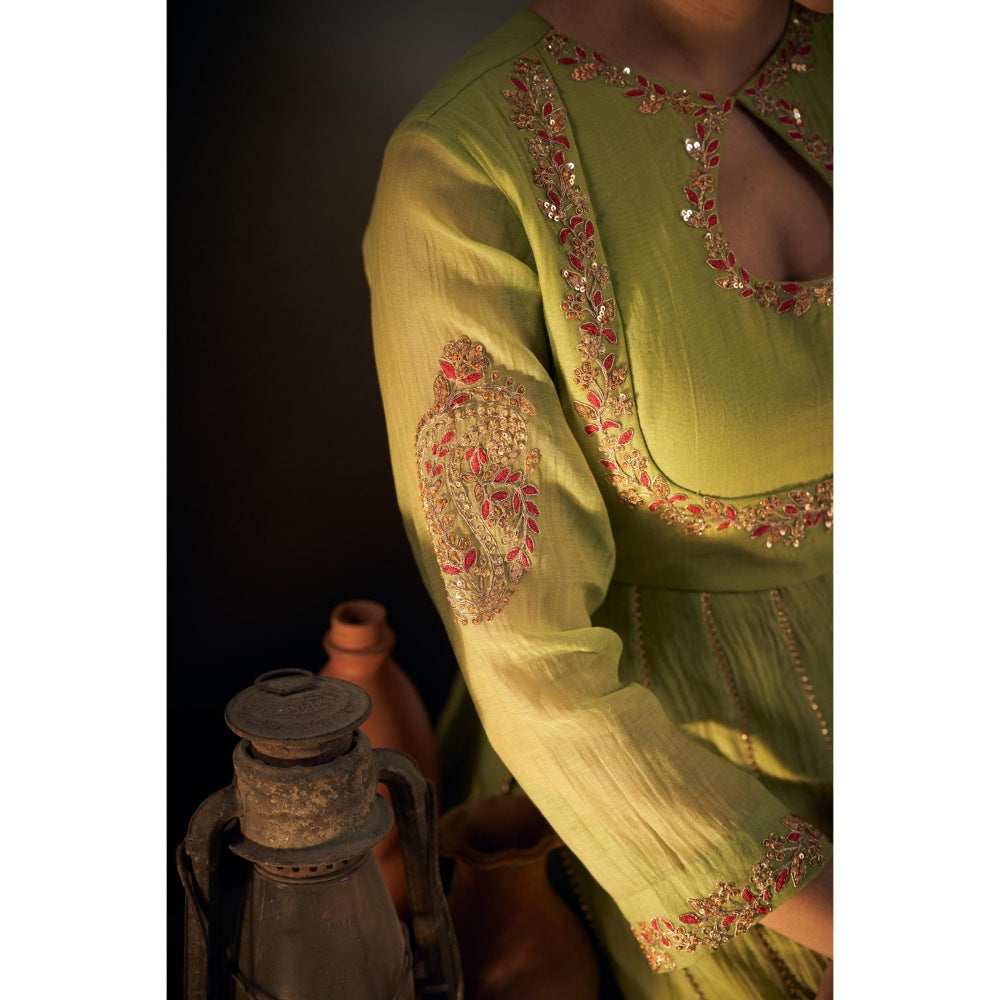 Hirika & Dhruti Green Chanderi Kalli Anarkali with Sharara and Dupatta (Set of 3)