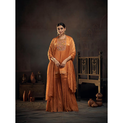 Hirika & Dhruti Orange Chinnon Peplum Kurta with Sharara and Dupatta (Set of 3)