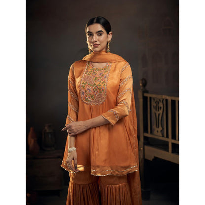 Hirika & Dhruti Orange Chinnon Peplum Kurta with Sharara and Dupatta (Set of 3)