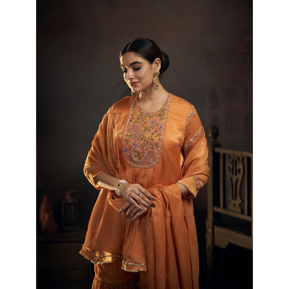 Hirika & Dhruti Orange Chinnon Peplum Kurta with Sharara and Dupatta (Set of 3)