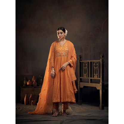 Hirika & Dhruti Orange Thread Embroidered Anarkali with Pant and Dupatta (Set of 3)
