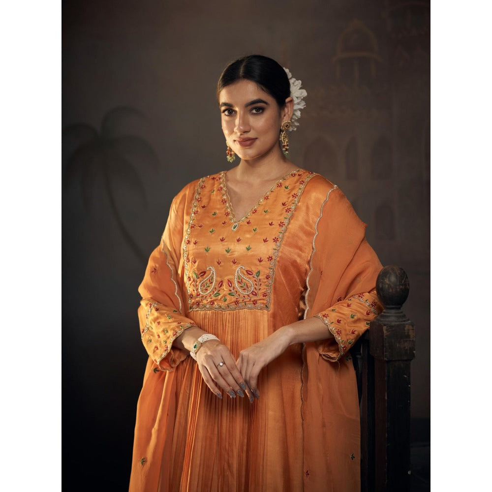 Hirika & Dhruti Orange Thread Embroidered Anarkali with Pant and Dupatta (Set of 3)
