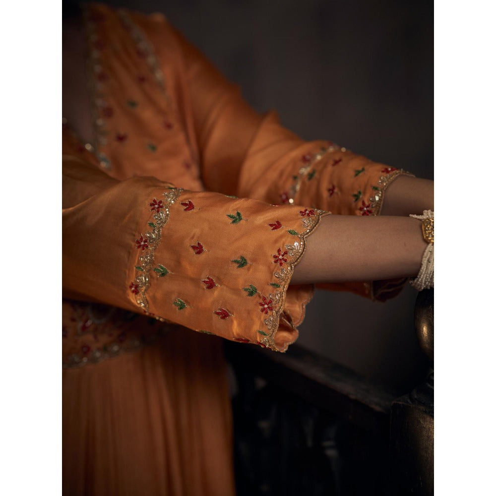 Hirika & Dhruti Orange Thread Embroidered Anarkali with Pant and Dupatta (Set of 3)