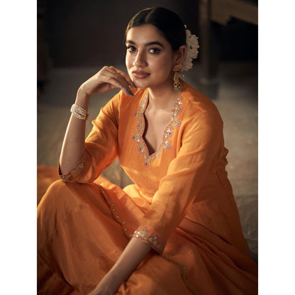 Hirika & Dhruti Orange Mirror and Thread Embroidered Anarkali with Pant and Dupatta (Set of 3)