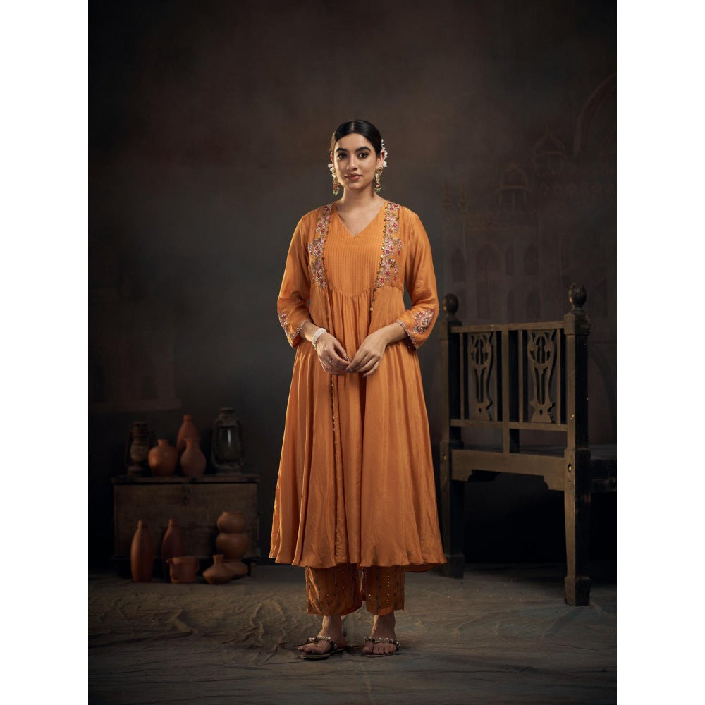 Hirika & Dhruti Mustard Thread Embroidered Jacket Kurta with Pant (Set of 2)