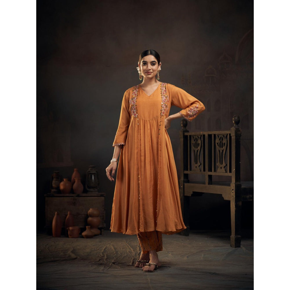 Hirika & Dhruti Mustard Thread Embroidered Jacket Kurta with Pant (Set of 2)