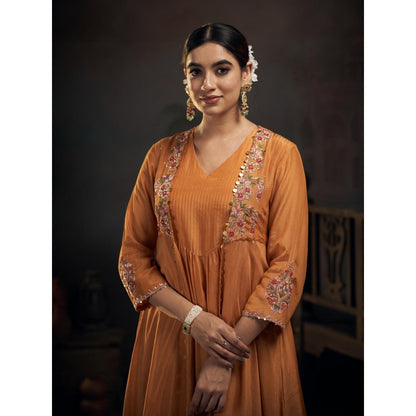 Hirika & Dhruti Mustard Thread Embroidered Jacket Kurta with Pant (Set of 2)