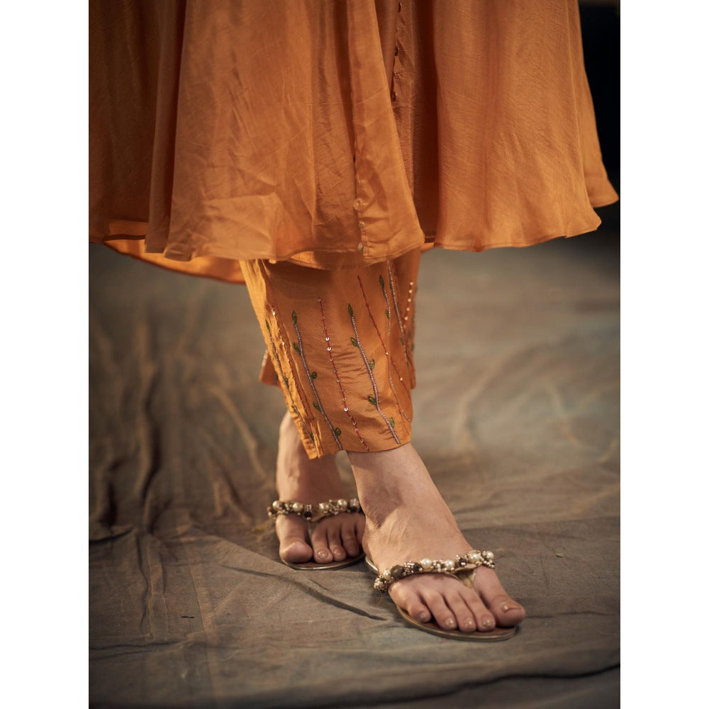 Hirika & Dhruti Mustard Thread Embroidered Jacket Kurta with Pant (Set of 2)