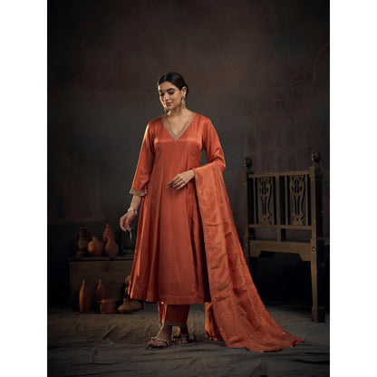 Hirika & Dhruti Rust Embroidered Anarkali with Pant and Dupatta (Set of 3)