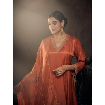 Hirika & Dhruti Rust Embroidered Anarkali with Pant and Dupatta (Set of 3)