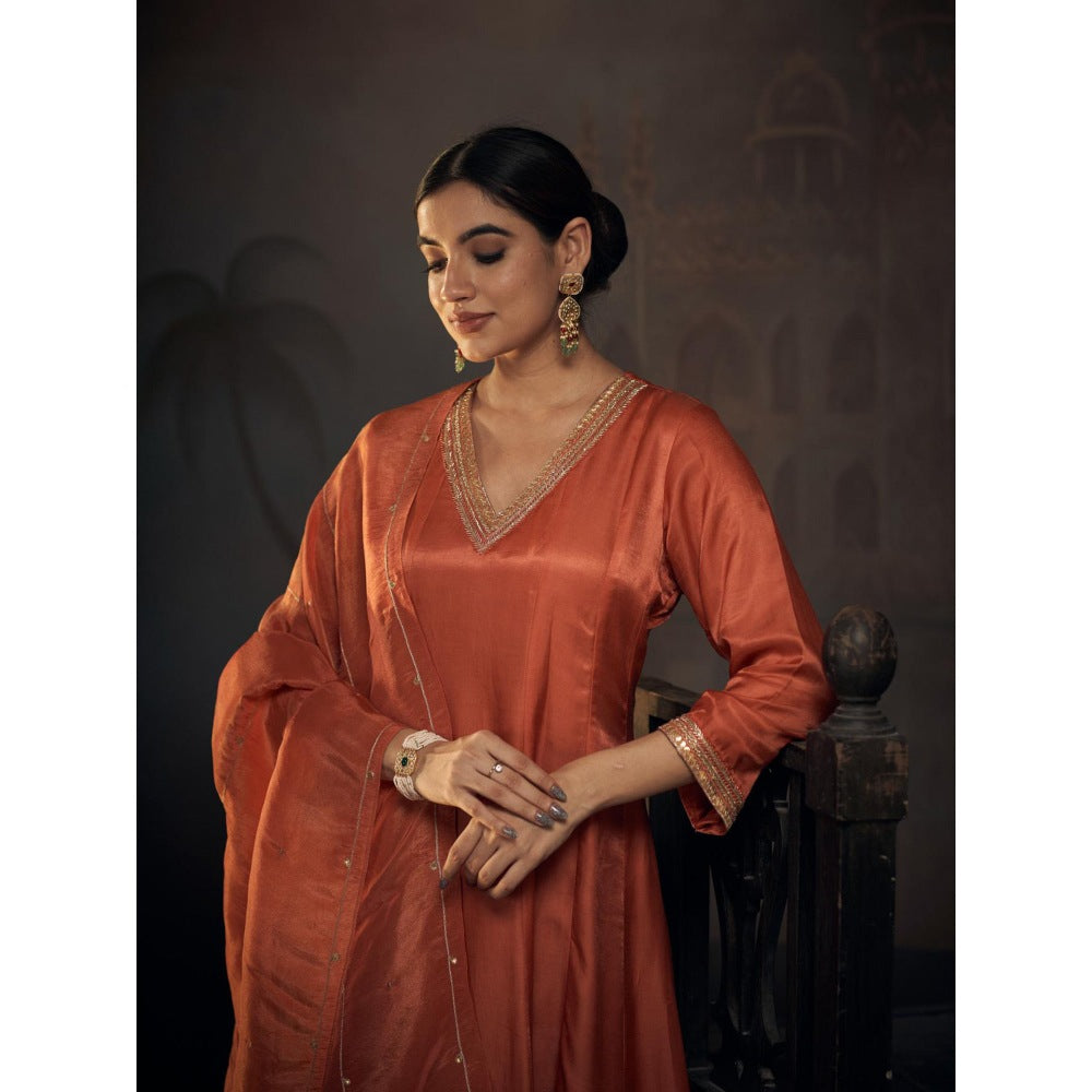 Hirika & Dhruti Rust Embroidered Anarkali with Pant and Dupatta (Set of 3)